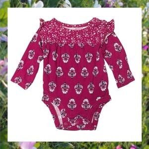 CARTERS Burgundy & White Floral Bodysuit with Ruffle Details